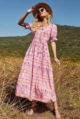 Boho Maxi Dress - Summer Dress – “Meadow” Button Front Sundress with Puff Sleeves in Pink annd Green