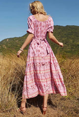 Boho Maxi Dress - Summer Dress – “Meadow” Button Front Sundress with Puff Sleeves in Pink annd Green
