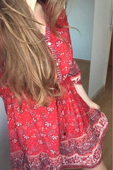 Boho Mini Dress – “Scarlet Nomad” Flowy Tribal Sundress in Rust Red