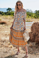 Boho Maxi Dress - Summer Dress – “Golden Field” Off-Shoulder Floral Midi Sundress
