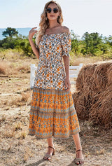 Boho Maxi Dress - Summer Dress – “Golden Field” Off-Shoulder Floral Midi Sundress