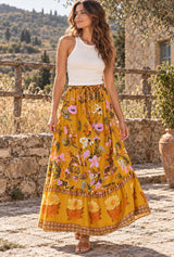 Marigold mustard floral maxi skirt, Wild Rose Boho original editorial cover