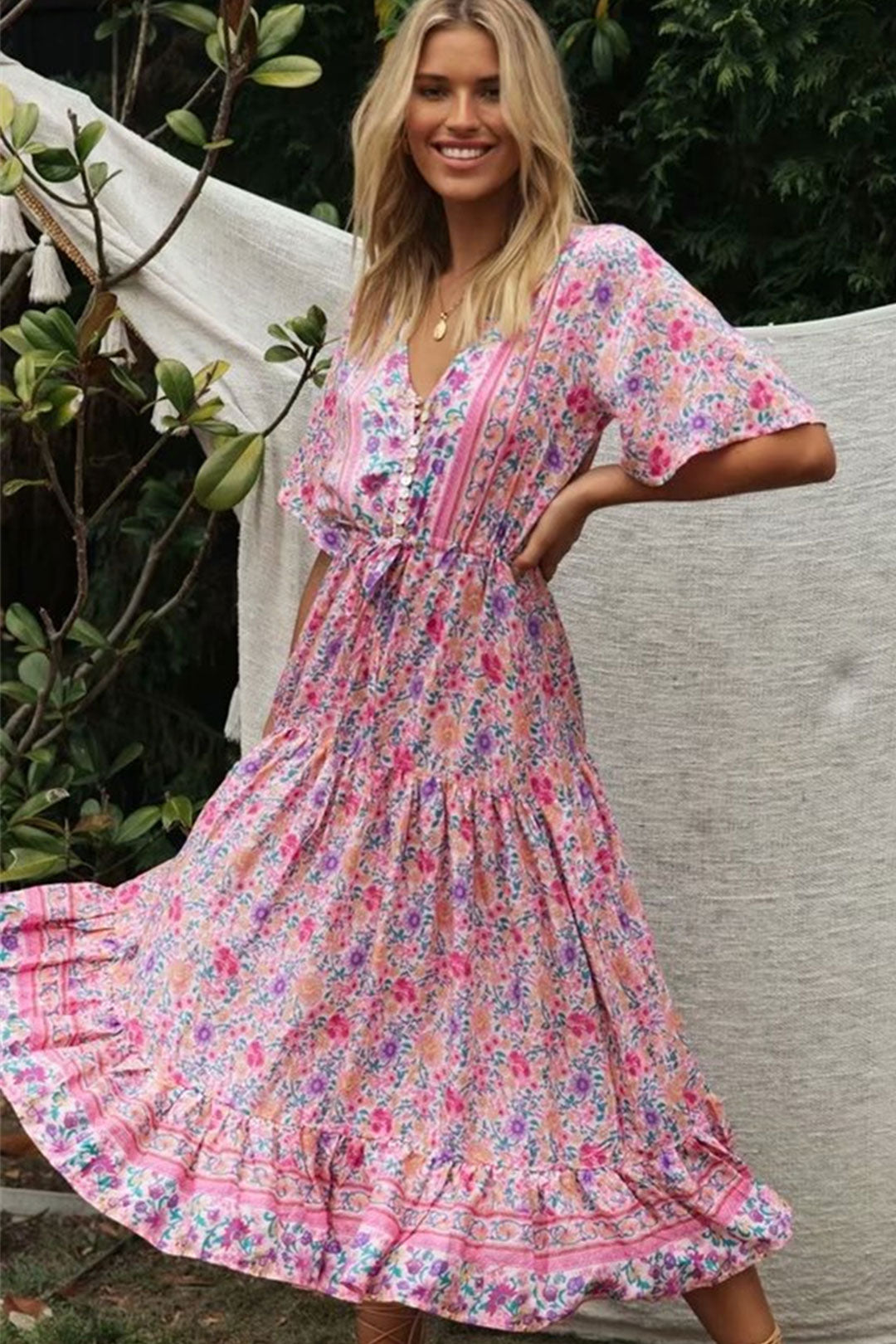 Dreamy Rose Pink Boho Floral Print Maxi Dress Pink / M Dreamy Rose Pink Boho Floral Print Maxi Dress Pink / M