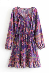 Boho Mini Dress – “Twilight Garden” Purple Floral Long Sleeve Tunic for Women