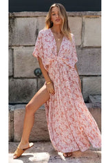 Boho Maxi Dress – “Oroslavje Wild Flora” Floral Summer Dress in Blush Pink and Mustard