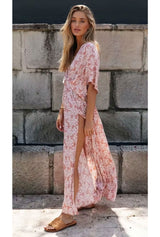 Boho Maxi Dress – “Oroslavje Wild Flora” Floral Summer Dress in Blush Pink and Mustard