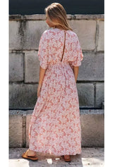 Boho Maxi Dress – “Oroslavje Wild Flora” Floral Summer Dress in Blush Pink and Mustard