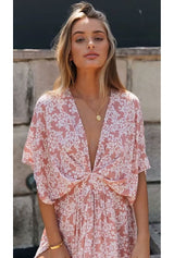 Boho Maxi Dress – “Oroslavje Wild Flora” Floral Summer Dress in Blush Pink and Mustard