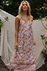 Boho Maxi Dress – “Wild Bloom” Strappy Floral Sundress in Soft White for Women