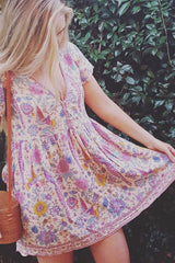 Boho Mini Dress – “Fiesta Bloom” Red Folk Print Sundress for Women