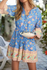 Boho Mini Dress – Blue Floral Tunic Sundress with Bell Sleeves Elowen