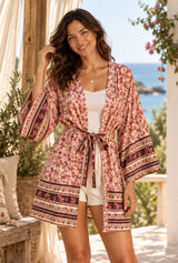 Rosewood Escape pink floral short kimono robe, AI-generated model, editorial detail