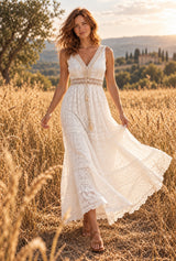 Ivory Reverie white lace maxi dress, AI-generated model, editorial movement