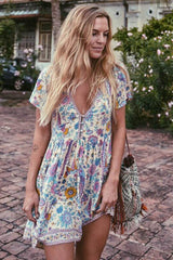 Boho Mini Dress – “Fiesta Bloom” Red Folk Print Sundress for Women