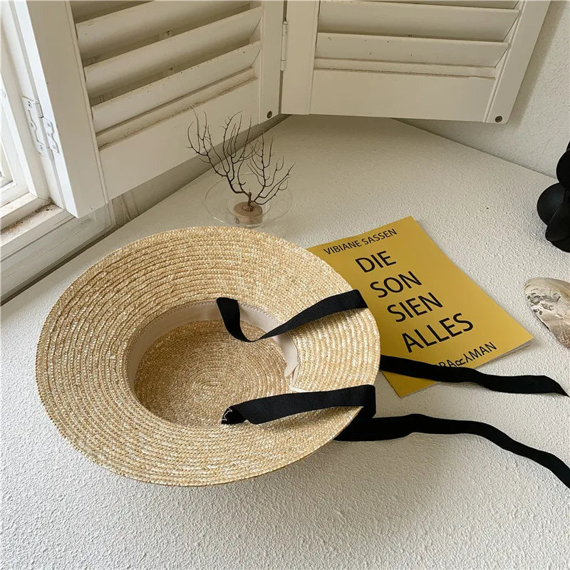 Boho Hat - Wide Brim Straw Sun Hat with Vintage Style Bamby Black Ribbon