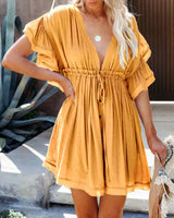 Boho Mini Dress – Boho White Dres – “Bare Grace” Deep V Ruffle Sleeve Mini Sundress