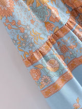Boho Mini Dress – “Apricot Sky” Light Blue Floral Long Sleeve Tie-Neck Dress