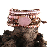 Boho Bracelet - RH 5-Layer Leather Wrap with Oval Violet Natural Stones