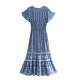 Boho Maxi Dress - Summer Dress – “Ocean Bloom” Flowy V-Neck Sundress in Teal & Brick Floral Print