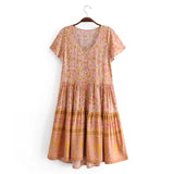 Boho Mini Dress – “Orchid Mosaic” Floral V-Neck Short Sleeve Mini Dress