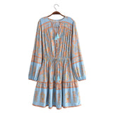 Boho Mini Dress – “Apricot Sky” Light Blue Floral Long Sleeve Tie-Neck Dress