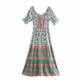 Boho Maxi Dress - Summer Dress – “Meadow” Button Front Sundress with Puff Sleeves in Pink annd Green