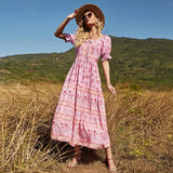 Boho Maxi Dress - Summer Dress – “Meadow” Button Front Sundress with Puff Sleeves in Pink annd Green