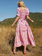 Boho Maxi Dress - Summer Dress – “Meadow” Button Front Sundress with Puff Sleeves in Pink annd Green