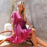 Boho Mini Dress – Boho White Dres – “Bare Grace” Deep V Ruffle Sleeve Mini Sundress