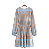 Boho Mini Dress – “Apricot Sky” Light Blue Floral Long Sleeve Tie-Neck Dress