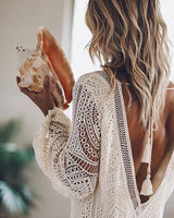 Boho Mini Dress – Boho White Dress – “Salt & Lace” Crochet Mini Dress with Deep V & Open Back