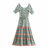 Boho Maxi Dress - Summer Dress – “Meadow” Button Front Sundress with Puff Sleeves in Pink annd Green