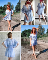 Boho Mini Dress – Boho White Dres – “Bare Grace” Deep V Ruffle Sleeve Mini Sundress