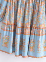 Boho Mini Dress – “Apricot Sky” Light Blue Floral Long Sleeve Tie-Neck Dress
