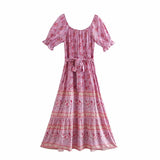 Boho Maxi Dress - Summer Dress – “Meadow” Button Front Sundress with Puff Sleeves in Pink annd Green