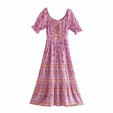 Boho Maxi Dress - Summer Dress – “Meadow” Button Front Sundress with Puff Sleeves in Pink annd Green