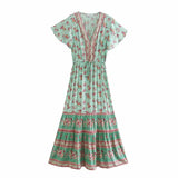 Bohemian Maxi Dress – “Meadow Breeze” Flowy Summer Sundress in Mint & Pink Floral