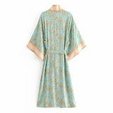 Boho Robe, Kimono Robe, Beach Cover up, Grass Green Flower