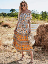Boho Maxi Dress - Summer Dress – “Golden Field” Off-Shoulder Floral Midi Sundress