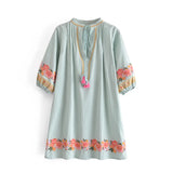 Boho Mini Dress – “Blush Botanica” Pink Floral Embroidered Tassel-Tie Dress