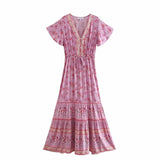 Bohemian Maxi Dress – “Meadow Breeze” Flowy Summer Sundress in Mint & Pink Floral