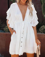Boho Mini Dress – Boho White Dres – “Bare Grace” Deep V Ruffle Sleeve Mini Sundress