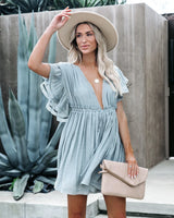 Boho Mini Dress – Boho White Dres – “Bare Grace” Deep V Ruffle Sleeve Mini Sundress