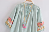 Boho Mini Dress – “Blush Botanica” Pink Floral Embroidered Tassel-Tie Dress