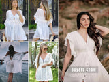 Boho Mini Dress – Boho White Dres – “Bare Grace” Deep V Ruffle Sleeve Mini Sundress