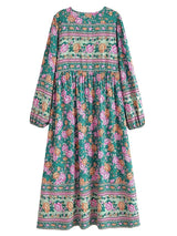 Bohemian Maxi Gown – “Emerald Wildflower” Green Floral Long Sleeve Tie-Neck Dress