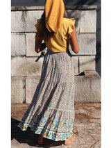 Boho Maxi Skirt – “Olive Meadow” Hippie Style Skirt in Beige & Red for Women, Summer, and Festivals