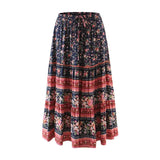 Boho Maxi Skirt – “Midnight Peony” Floral Print Skirt in Navy & Rose Stripe