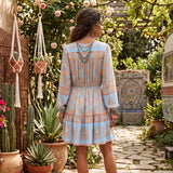 Boho Mini Dress – “Apricot Sky” Light Blue Floral Long Sleeve Tie-Neck Dress