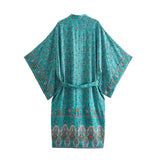 Boho Kimono Cover-Up – “Ocean Temple” Floral Print Maxi Robe in Turquoise Blue & Pink